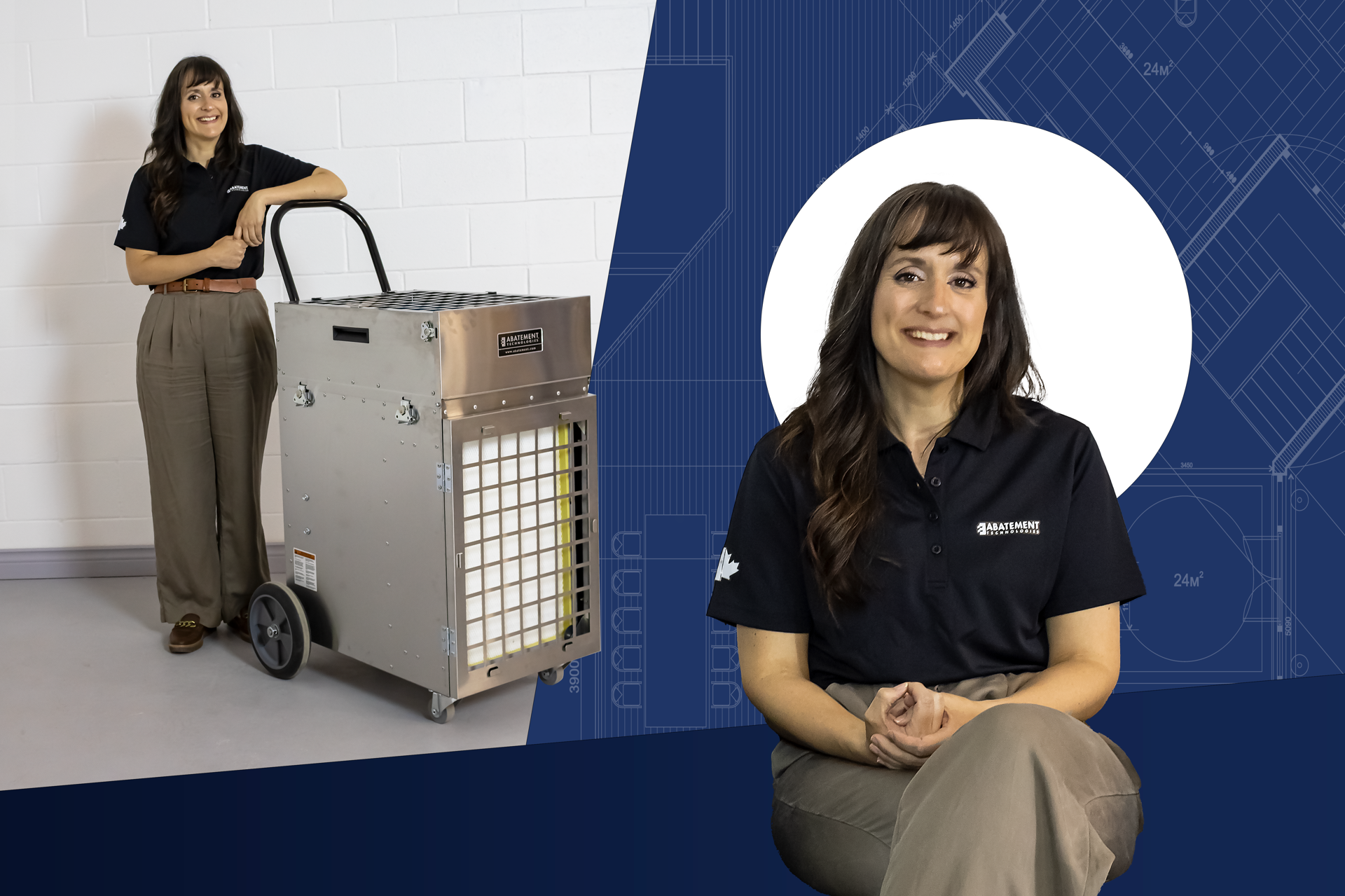 Taby Jones, membre de l’équipe d’Abatement Technologies, posant à côté d’un purificateur d’air commercial en acier inoxydable. Elle porte un polo noir avec le logo de l’entreprise et se tient dans un décor professionnel avec des plans d’architecture en ar