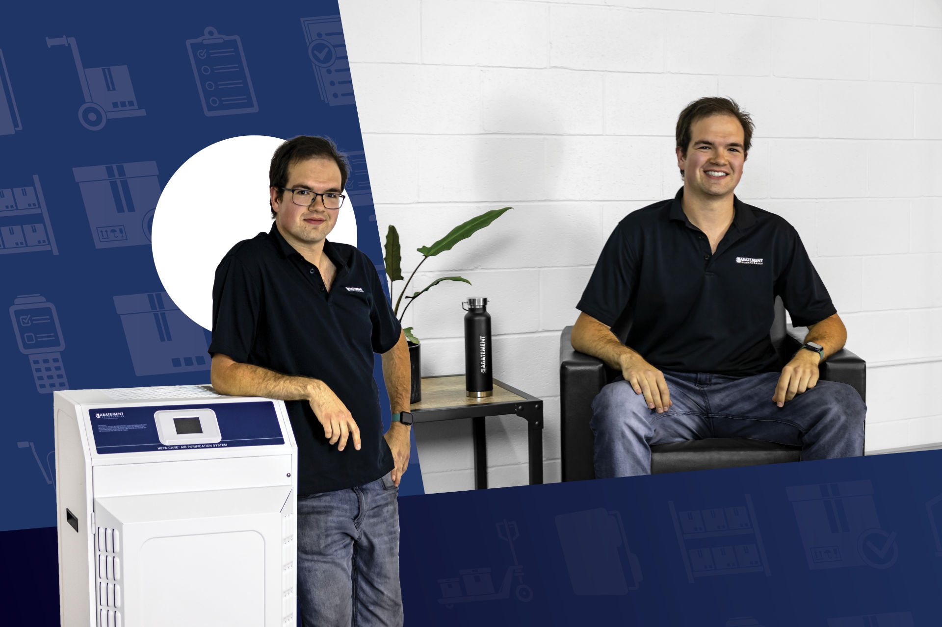 Lukus St Jean, team member at Abatement Technologies, shown in a split image featuring a clean white backdrop and branded air purification unit. Highlights leadership in logistics and facility operations within the air quality and environmental solutions