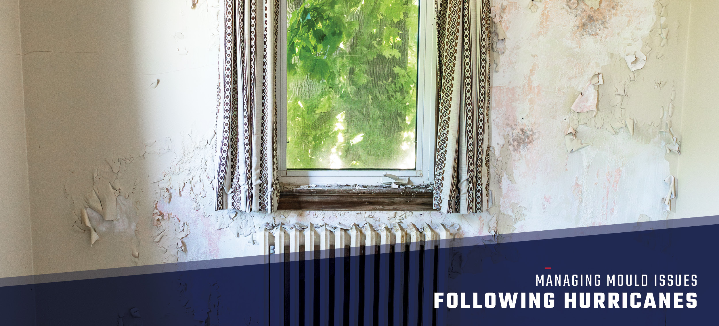 Peeling paint and visible mold damage on an interior wall surrounding a window with curtains, following hurricane-related water intrusion. Text overlay reads: "Managing Mould Issues Following Hurricanes."