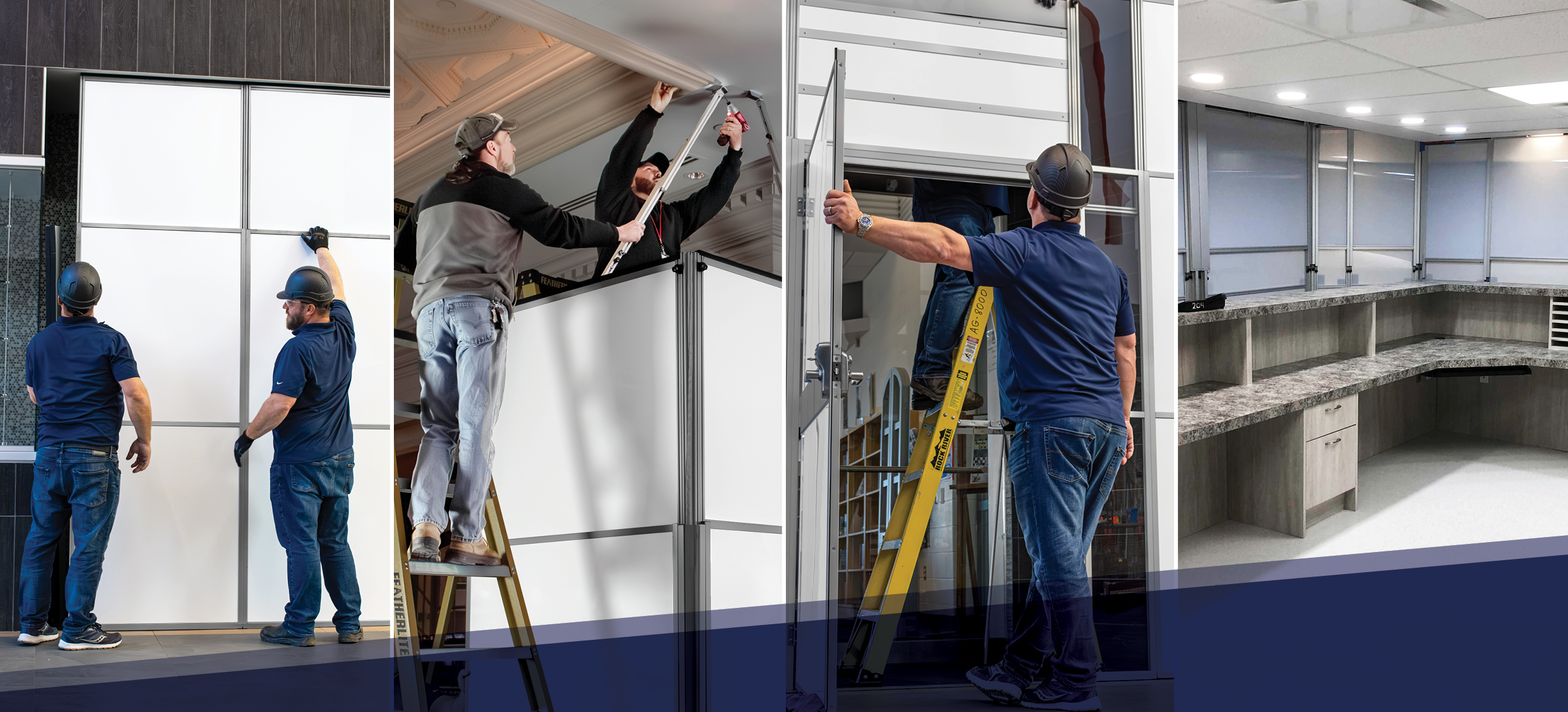 Collage showing multiple stages of modular containment wall installation by professional technicians, culminating in a completed cleanroom or workspace. Ideal for infection control, healthcare construction, and dust containment in occupied facilities.